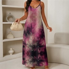 Purple Tie Dye Maxi Slip Dress V-Neck Spaghetti Strap Sleeveless Woven L