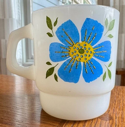 Vintage Fire King Flower Power Milk Glass Mug Blue Red/Orange Flower (2 sided)