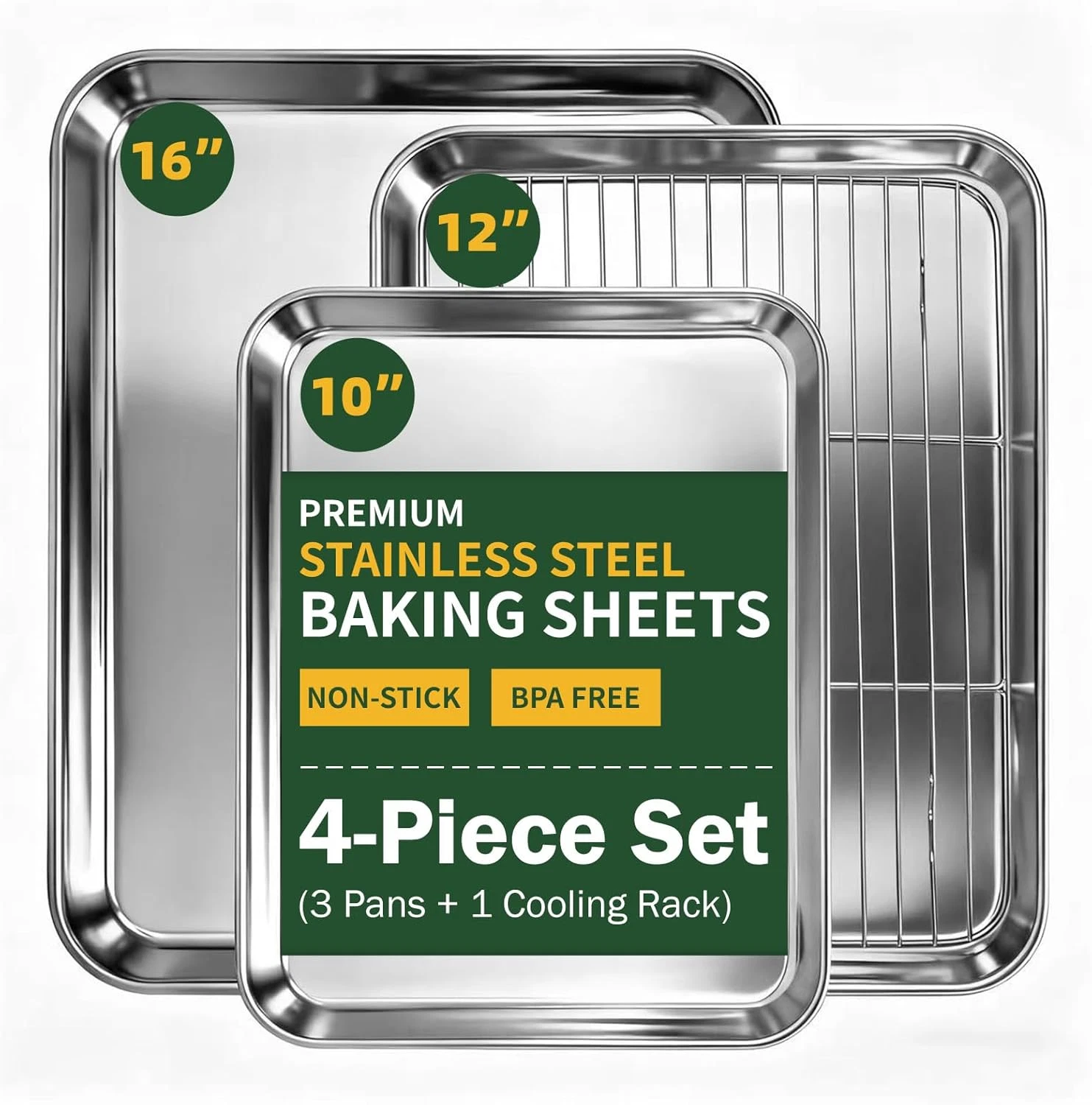 4-Piece Baking Sheet Set with Cooling Rack, Stainless Steel Cookie Sheets & Baki