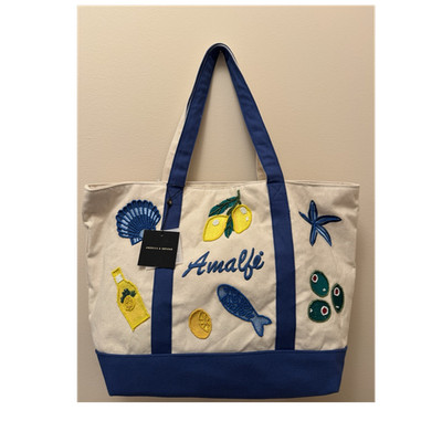 America & Beyond Amalfi Embroidered Large Tote Bag Blue Beige Nautical Beach Sea