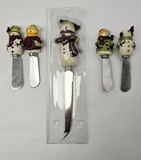 Christmas Snowman Cheese Tray Knife w/4 Snowmen Spreader Knives Stainless Steel
