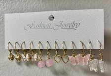 Fashion Jewelry Gold Pink Butterfly Heart Hoop Dangle Drop Earrings Metal Lobe