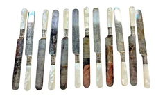 MERIDEN CUTLERY CO MOTHER OF PEARL HANDLE KNIVES STERLING FERRULE 1855 SET OF 12