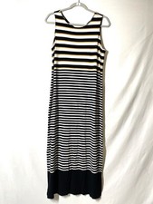 Loft Womens Black & White Round Neck Side Slit Striped Maxi Dress Size Medium