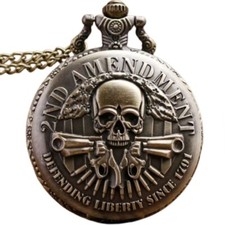 Round Antique Bronze Skull Quartz Pocket Watch Chain FOB Chain 2nd Amendment