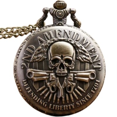 Round Antique Bronze Skull Quartz Pocket Watch Chain FOB Chain 2nd Amendment 