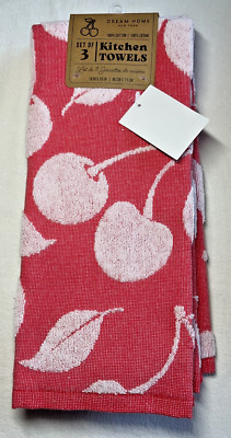 DREAM HOME NY KITCHEN TOWELS (3) CHERRIES RED WHITE 18 X 28 100% COTTON NIP