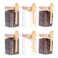 Set of 6 Square Glass Jars with Bamboo Lids and Spoons, 17 OZ Airtight Small ...