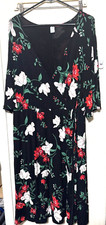 Old Navy Black Floral Midi Dress Plus Size 2X faux wrap 3/4 sleeve stretch