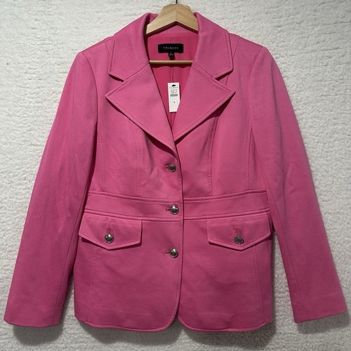 Talbots Pink Double Knit Twill BLAZER Silver Buttons Flap Pockets Size 8 NWT