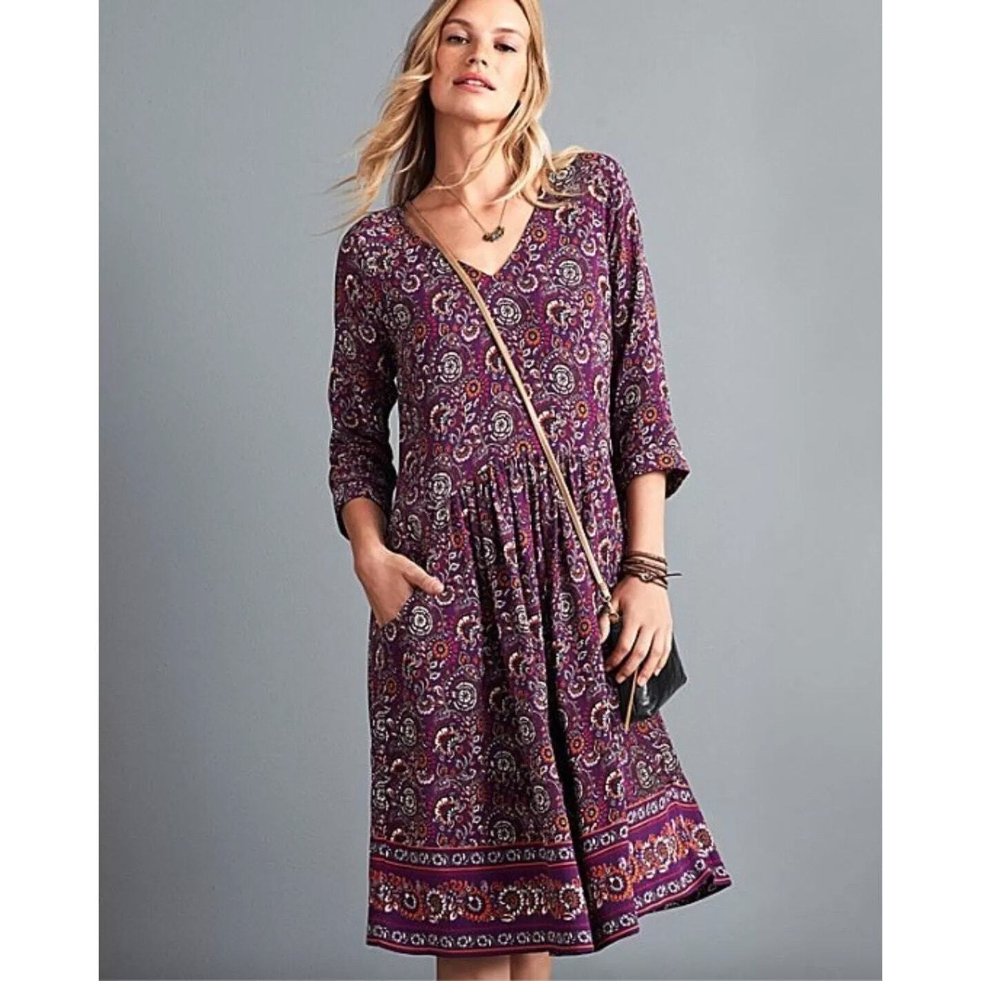 Garnet Hill V-Neck Boho Print 3/4 Sleeves Knee Length Dress Size 14 Cottagecore