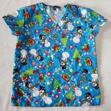 Serene Women's Size S Medical Nursing Scrub Top Blue Snowman Christmas Tree