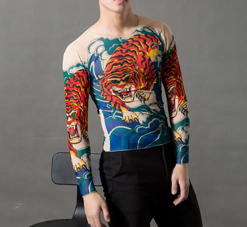 New Men Tattoo Inspired Print Long Sleeve T Shirt Exotic Tops Apparel Cosplay - Picture 4 of 34