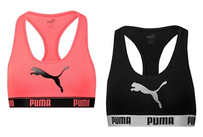 Puma Damen Racer Back Bra BH Black oder Coral Logo Print Cat NEU XS S M  L