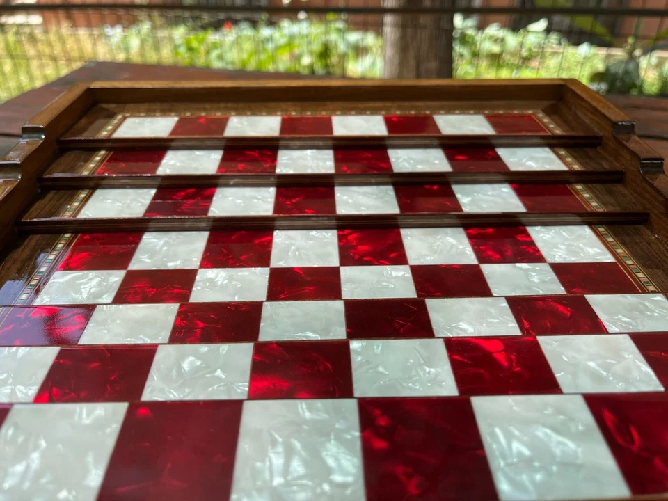 Luxury Handmade Wooden Chess Set with Drawer | Metal Chess Pieces | 13"x13" - Image 4 of 4