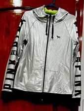 PINK Victoria's Secret Women's Full Zip Hooded Hoodie Pockets Logo Silver S