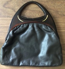 Vintage Sirocco Italian Leather Clutch Brown Plastic Handle Purse Hand Bag Gold