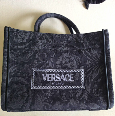 Versace Milano Damen Tragetasche schwarz Jacquard Blumen Logo Innentasche