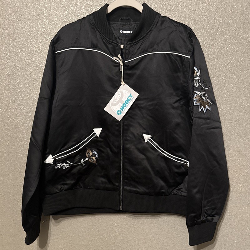 Hooey Ladies Bomber Jacket Black with Floral Accents On Sleeves Size Large NWT