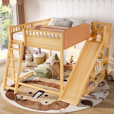 Full Size Loft Bed with Slide, Storage Shelves, and Headboard, Natural