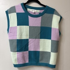  Merci Sweater Vest Women Sz S Multi Color Lg Pastel Block Cable Knit retro 80s