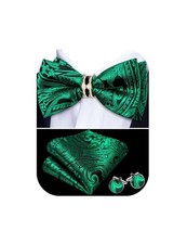 Mens Bow Tie Set Paisley Pre-tied Bowties Adjustable with Green Black Paisley