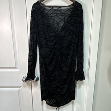 Curve Black Geometric Sheer Mesh Mini Dress Ruched V-Neck Long Sleeve 2XL