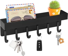 Key Holder Wall Mount, Compact Adhesive Key Rack with Tray, 6 Hooks, 2 Mount Opt