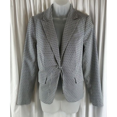 Limited Geometric Print Single Button Tie Front Blazer Jacket Blue White S 69-49