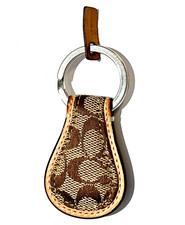 COACH Key Ring Tan Brown Leather Signature Pattern Leather Coach Tag Authentic