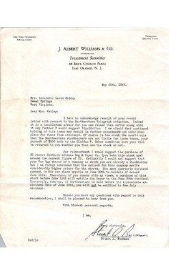 1947 J Albert Williams Investment Letter NJ Southern Advance Bag+ WV Letterhead