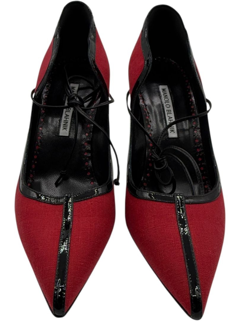 Manolo Blahnik Red Canvas & Patent Leather Lace-Up Pumps – Size