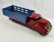 Vintage 1930s Marx Pressed Steel Stake Bed Farm Truck - 20  Long Red  Blue