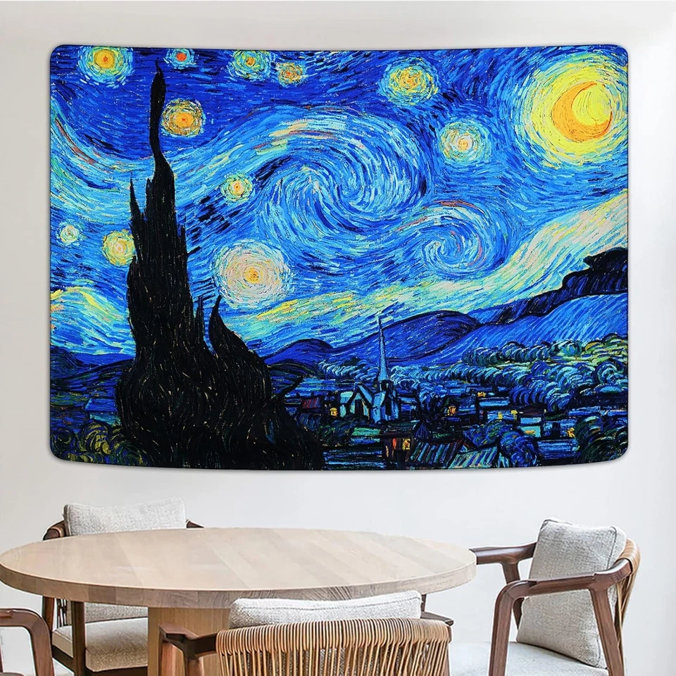 Tapiz de noche estrellada Lyacmy Blacklight Vincent Van Gogh tapiz UV reactivo Oi Foto 2 de 3