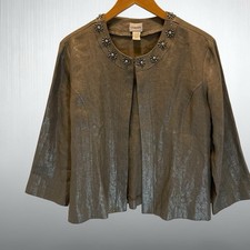 Chico s 100 Linen Open Front Jacket Metallic Silver Embellished Collar Size M