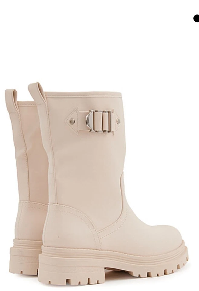 Neu Damen Schuh Kunstleder Stiefel mit Zipper Deko-Schnalle beige,Gr.37 - Bild 3 von 4