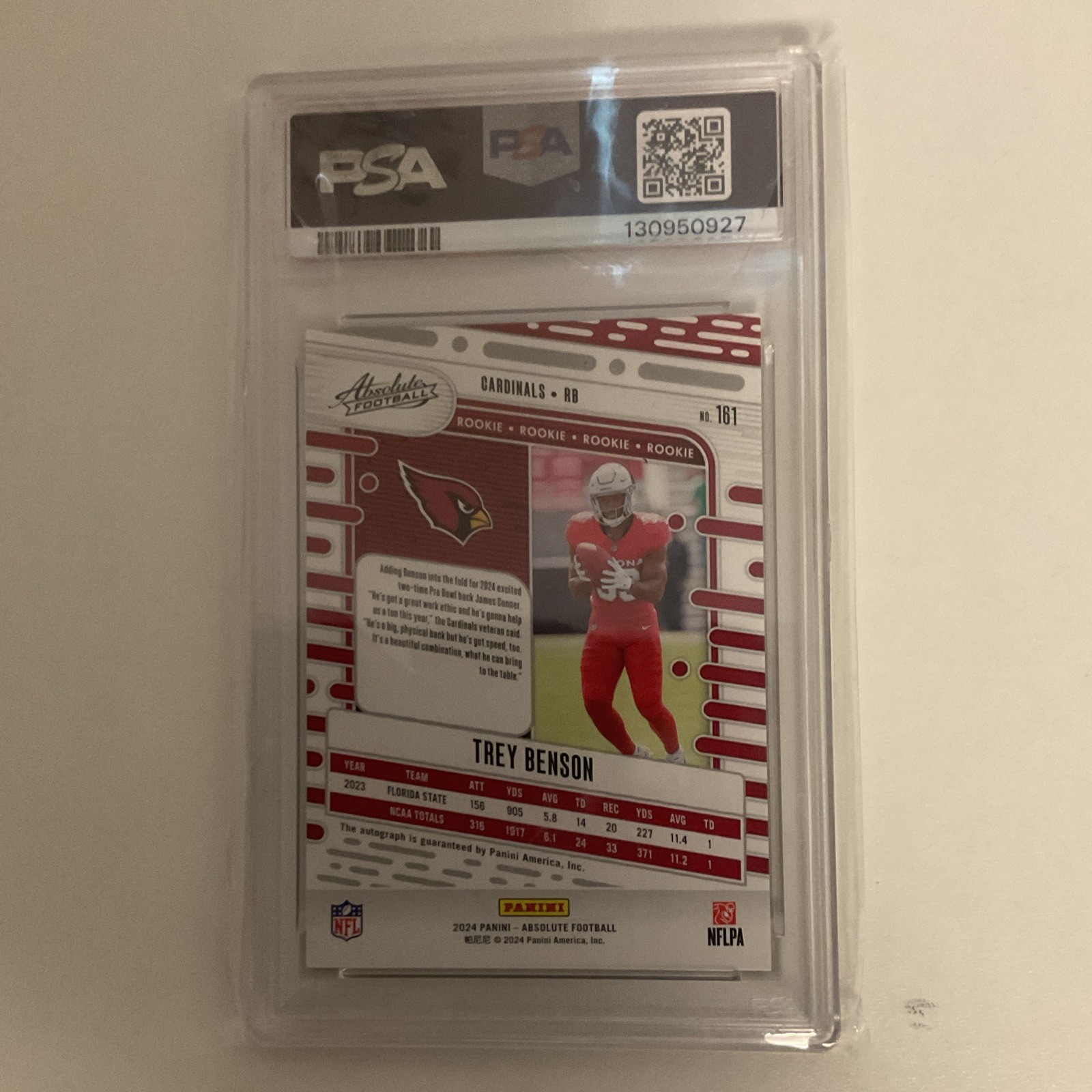 Panini 2024 Absolute Trey Benson RC Auto Orange Mosaic /75 #161 PSA 10 view 2