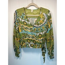 Anthropologie Tiny Floral Print Wrap Blouse Long Sleeve Green Yellow XS