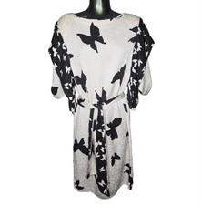 Vintage 80s Flora Kung Black  White Butterfly Print 100 Silk Midi Dress Size 2