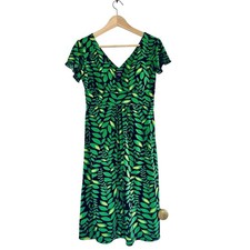 Green Leaf Nature Print Midi Dress Boho Garden Party VNeck Padded Retro Y2K S