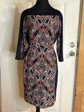 Ann Taylor Petite Blue Paisley Print Shift Dress 3/4 Sleeve With Fabric Belt Mp