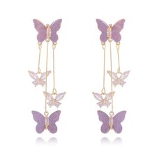 3D Purple Crystal Butterfly Rhinestone Tassel Long Drop Dangle Earrings for Wome