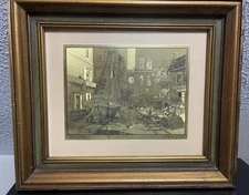 Vintage MCM Two Tone GOLD Green PICTURE FRAME Solid WOOD Deep Set w Boat Print