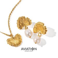Gold Gingko Leaf Fresh Water Pearl Necklace Earrings Set Christmas Gift Lady