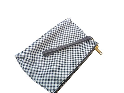 Talbots Gingham Leather Wristlet Pouch Bag Purse Handbag Navy Blue Plaid