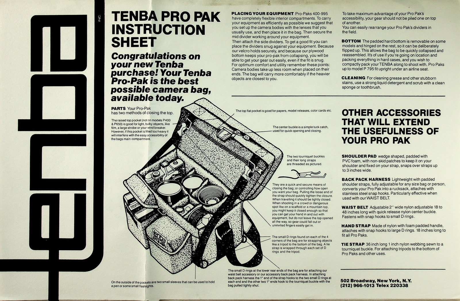 Tenba Pro Pak Instruction Sheet Owners Manual Original Camera Bag 