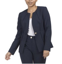 Elie Tahari Navy Blue Collarless Blazer Jacket Size 8 Gold Button Pleated Career