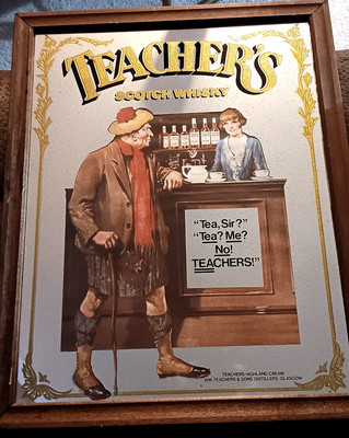 Vintage TEACHERS SCOTCH WHISKEY advertising MIRROR SIGN Glasgow Scotland RPOG