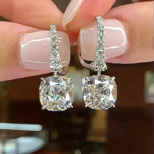 3 CT Cushion Cut Lab Created Diamond Drop Dangle Earrings 14K White Gold Plated