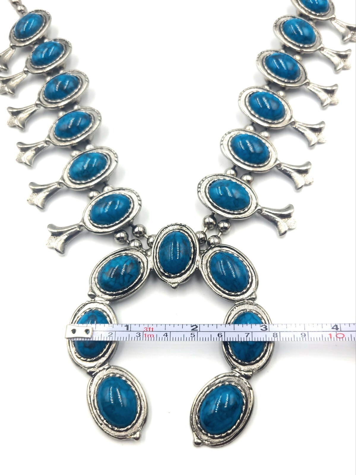 Vtg Unsigned Goldette Faux Turquoise Silver Tone Heavy Squash Blossom